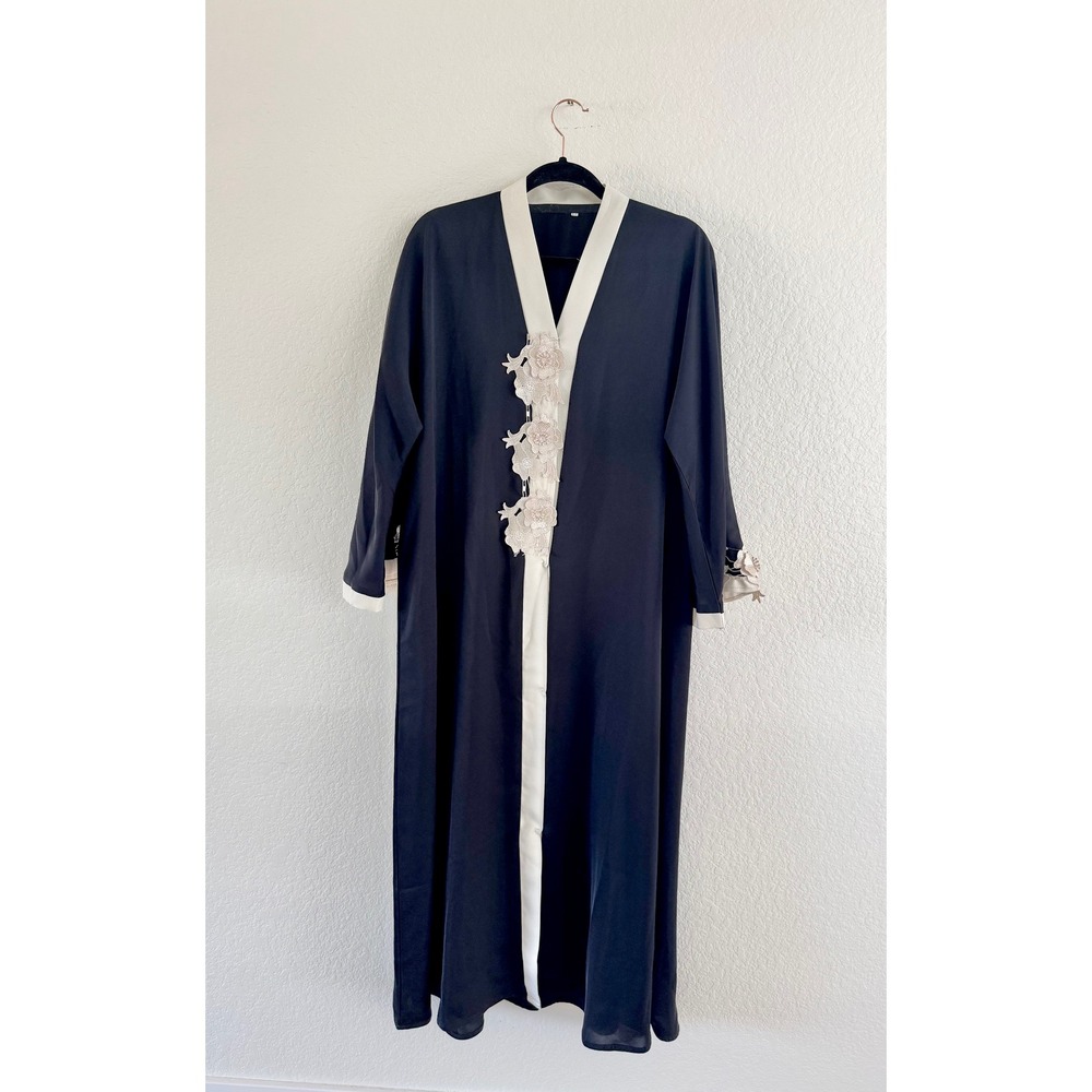 Vintage Abaya Maxi Robe Womens 52‎ Black Ivory Lace Floral Embroidered Modest